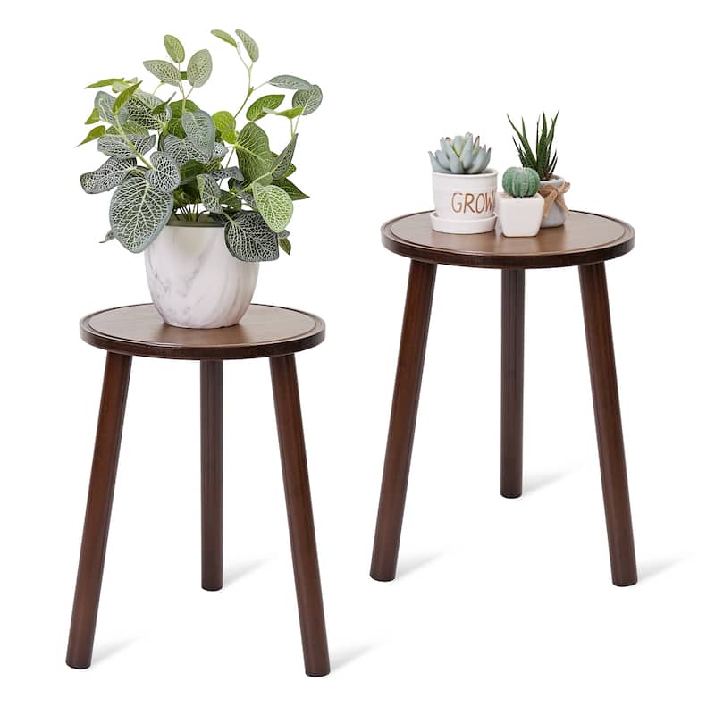 Bamboo Plant Stand Garden Flower Potted Modern Round Side Table Set of 2