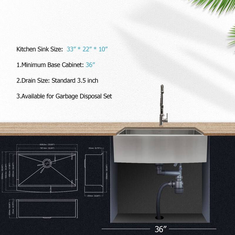 Apron-Front Stainless Steel 33 in. 16-Gauge Single Bowl Farmhouse Kitchen Sink with Workstation - 33" L x 22" W x 10" D