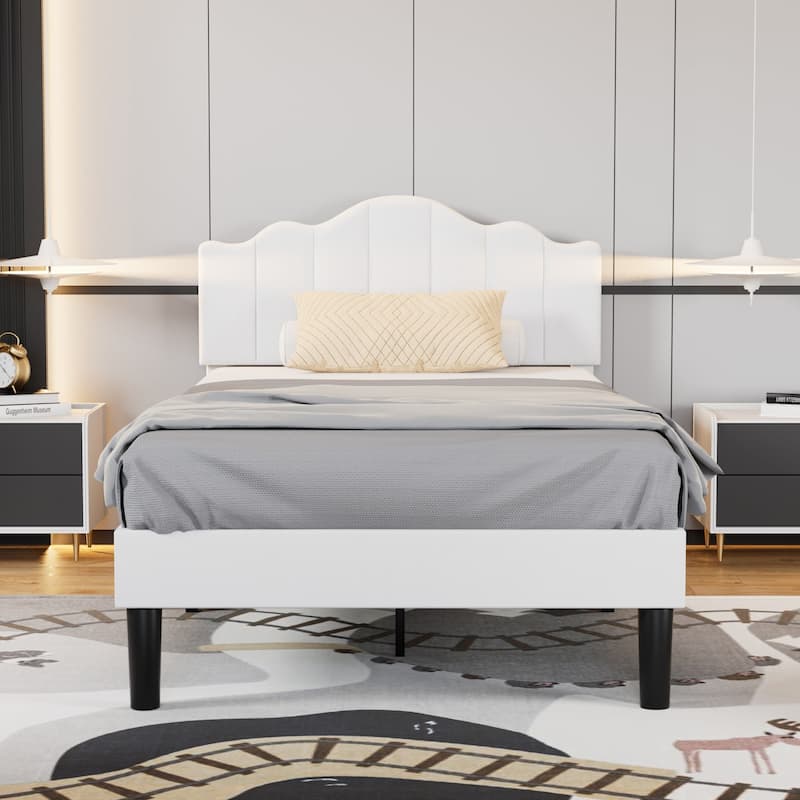 VECELO Modern Upholstered Platform Bed with Adjustable Headboard No Box Spring Needed Wave Headboard