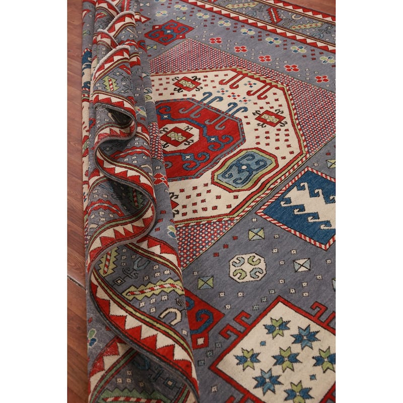 Hand Knotted Oriental 100% Wool Carpet Traditional Medallion Navy Blue & Blues Kazak Area Rug - 9' 7'' X 8' 4''