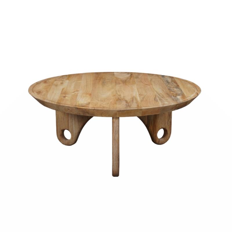 36 Inch Round Coffee Table, Handcrafted Grooved Edge Top, Natural Brown Mango Wood