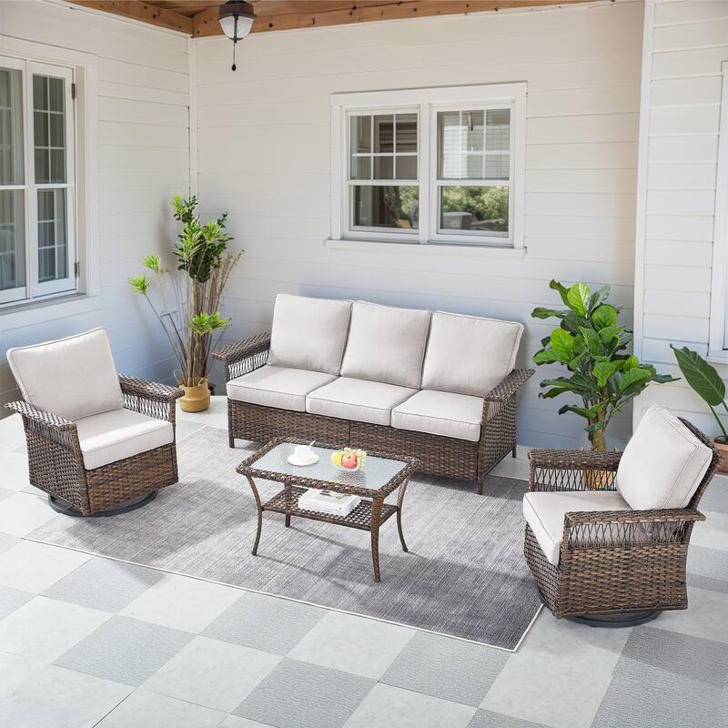 Gymojoy 4Pcs Sofa PE Rattan Swivel Chair with Table - Brown - Brown - Beige