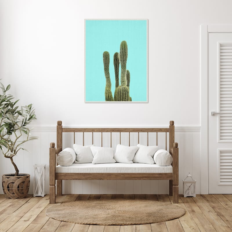 Turquoise Cactus by Lola Peacock Framed Canvas Wall Art Print - Sylvie Beaded White