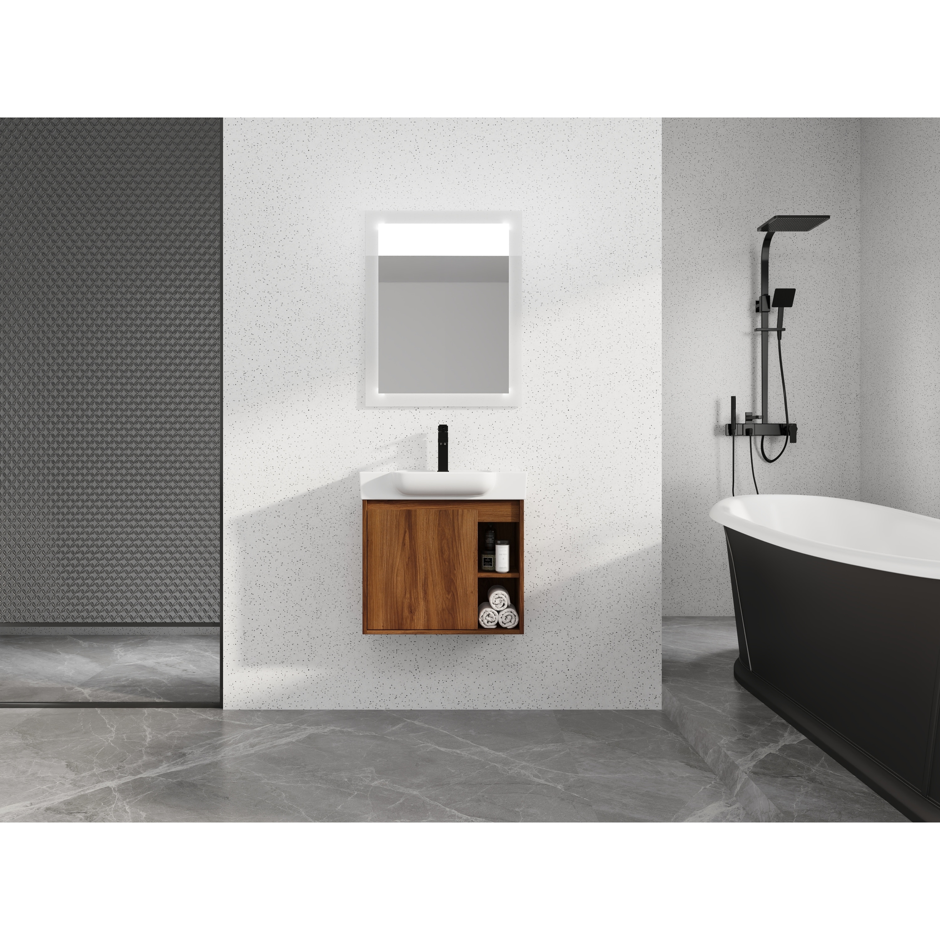 Wall-Mounted Bathroom Vanity with Ceramic Sink, Bathroom Storage Cabinet with Soft-Close Door & Open Storage Shelf