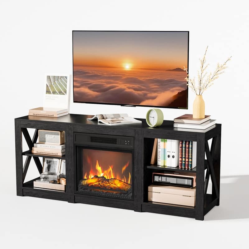 TV Stand with Optional Fireplace for TVs up to 70in Farmhouse Entertainment Center with Adjustable Shelves