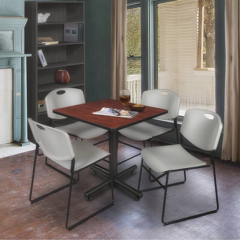 30" Square Breakroom Table- Cherry & 4 Stack Chairs- Grey - Grey, Cherry - 30