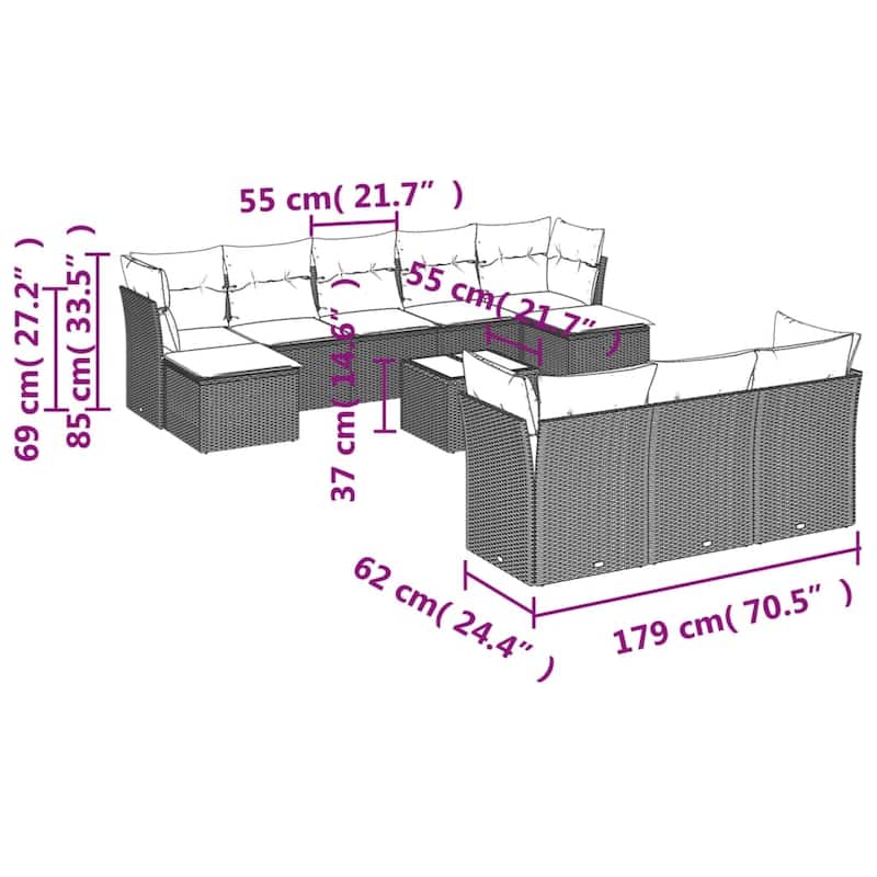 vidaXL Patio Sofa Set with Cushions Outdoor Furniture 10 Piece Poly Rattan - 21.7 x 21.7 x 14.6