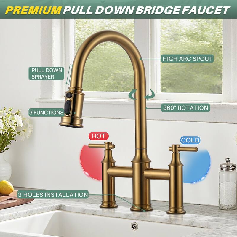 WOWOW Double Handle Pull Down Sprayer Bridge Kitchen Faucet
