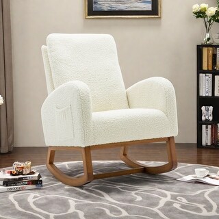 Teddy Fabric/Solid Wood Rocking Chair with High Back, Side Pocket and ...