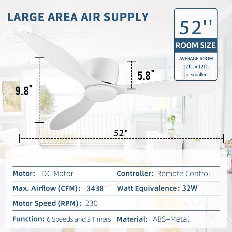 52" Flush Mount Ceiling Fan without light,3 Reversible Blades,with 6 Speeds Reversible DC Motor,Low Profile Ceiling Fan