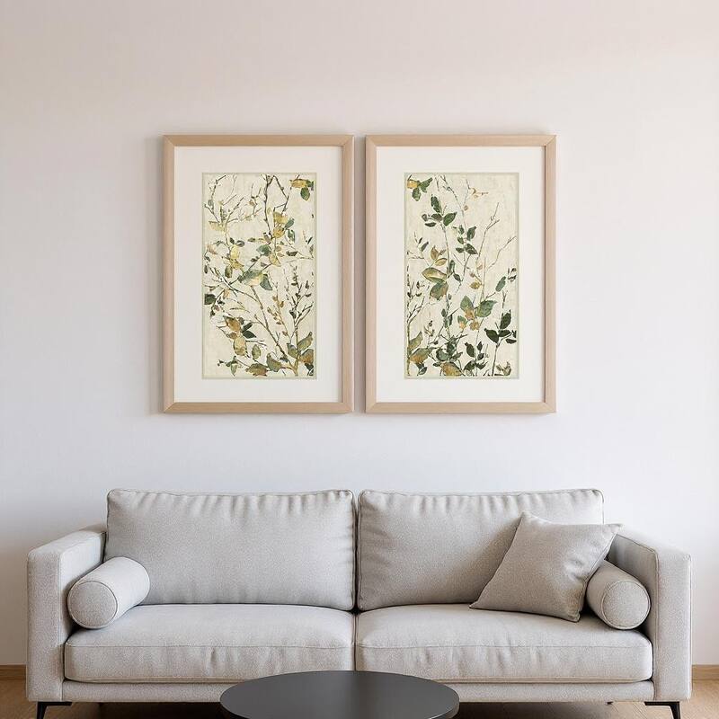 HomeRoots Set Of Two Golden Green Branches Gold Framed Wall Art - 20.00 in. x 32.00 in. x 2.00 in.