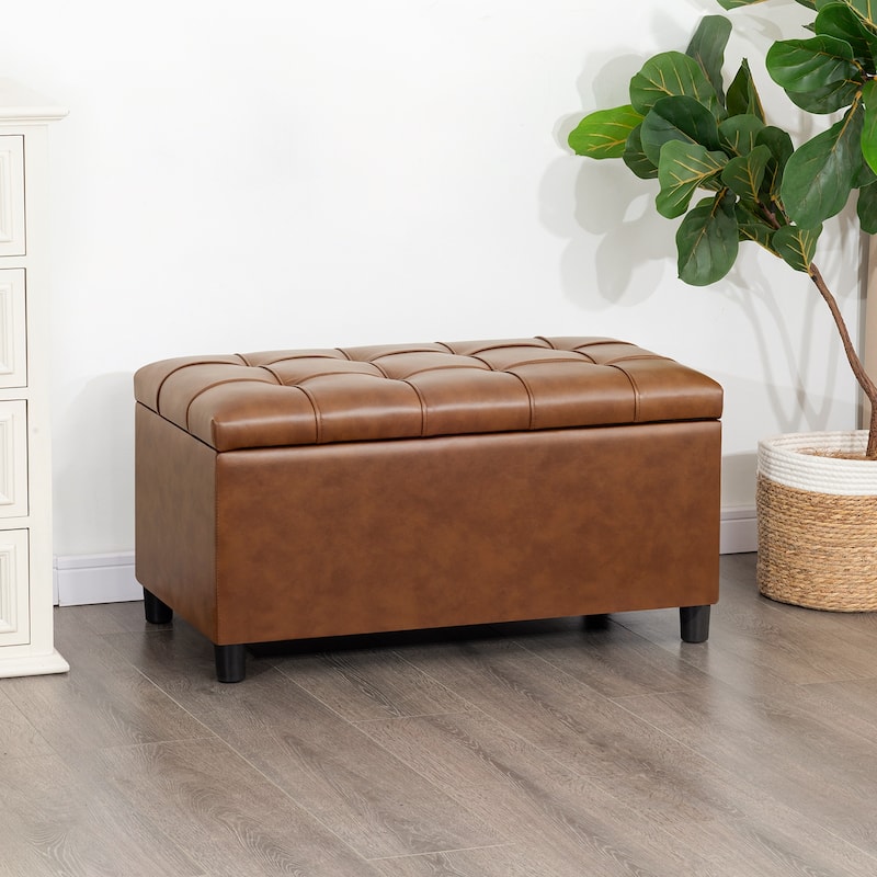 Adeco Rectangular Storage Ottoman Faux Leather Bench Lift-top Footrest