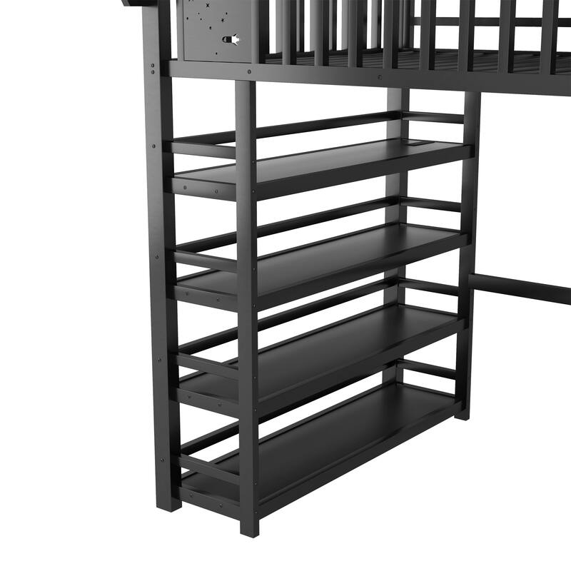 Full Size Metal Loft Bed with Charging Station and 4-Shelf Storage, Kids & Teens Loft Bed with Storage Stairs