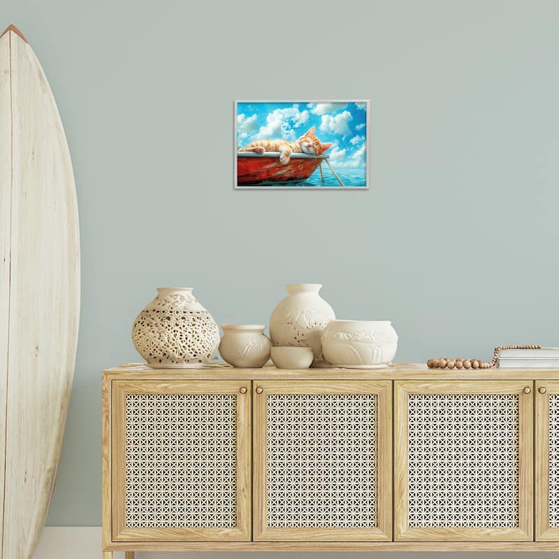 Stupell Sleeping Cat on Boat Framed Giclee Art Design By Parable Visions