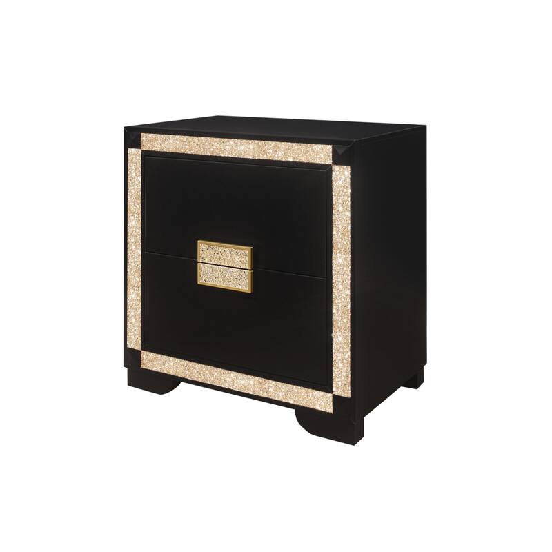 26" Black Gold Solid Wood Nightstand with Crystal Handles and 2 Drawer Bedside Accent Table