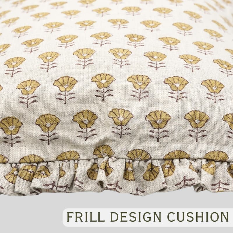 Fabdivine Heavy Linen Floral Ruffled Both Side Cushion Cover Home Décor Accent