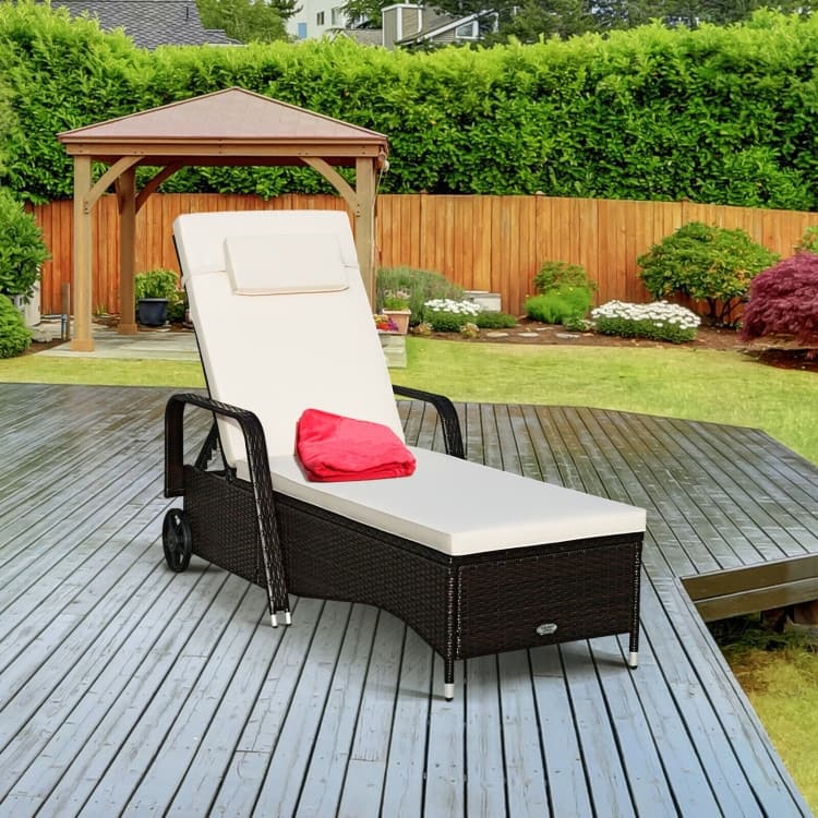 Outdoor Cushioned Wicker Chaise Lounger with Adjustable Backrest - 79.0" x27.5" x 21"(L x W x H)