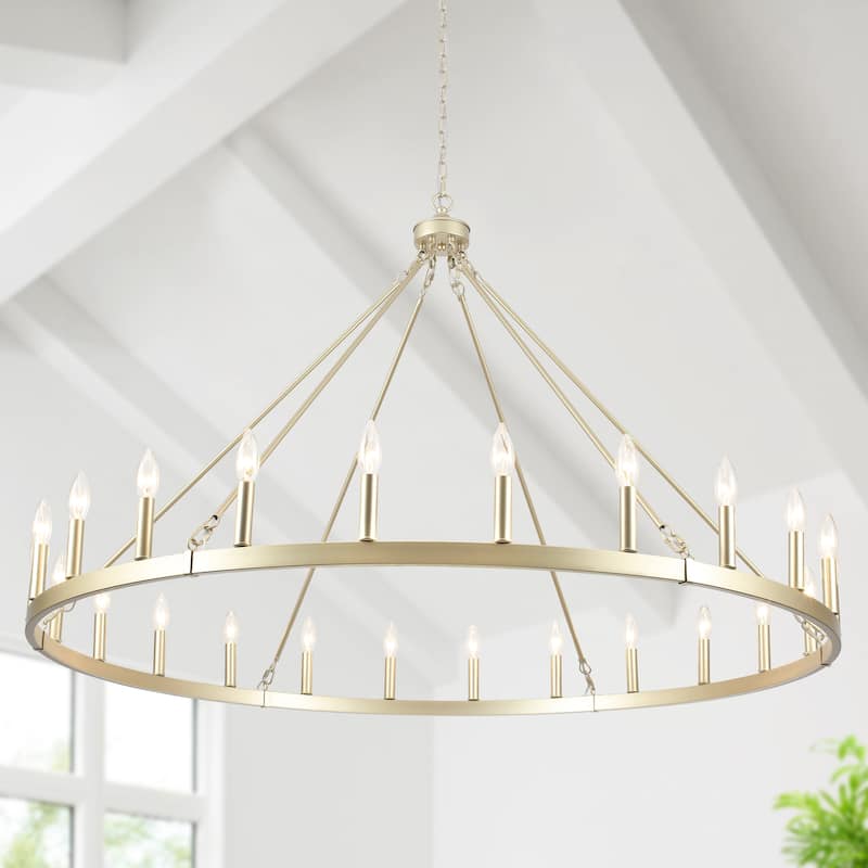 24 - Light 52in. Lagre Dimmable Wagon Wheel Chandelier Farmhouse Round Vintage Candle Style Light - N/A - Imitation Copper Gold