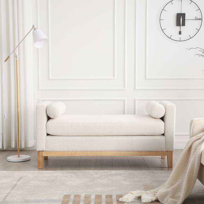 Upholstered Bench Wood Legs and Bolster Pillows