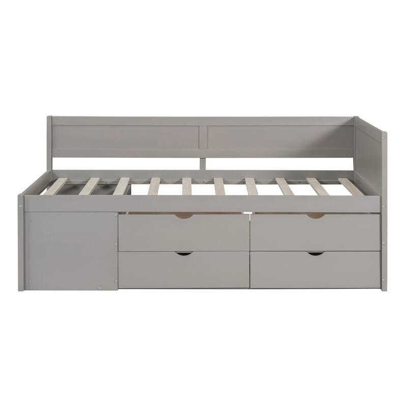 Pine Wood Daybed Frame with 4 Storage Drawers & Shelves