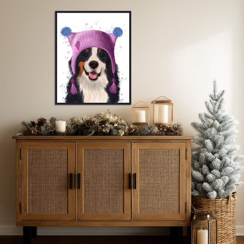 Bernese And Bobble Hat by Fab Funky (23 x 28 in.), Framed Canvas Wall Art Print - Sylvie Beaded Black