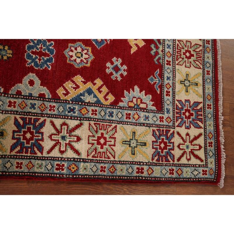 Red Geometric Kazak Accent Rug Handmade Traditional Wool Carpet - 3'5" x 5'0"