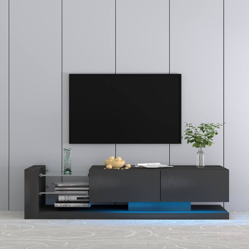 Wood TV Storage Console for TVs up to 75", Media TV Console Table with Open Shelves & 2 Cabinets, TV Stand with LED Lights