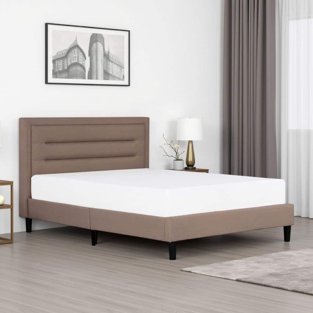 Liam Full Bed, Brown Polylinen Upholstered Bed, Horizontal Tufted Headboard