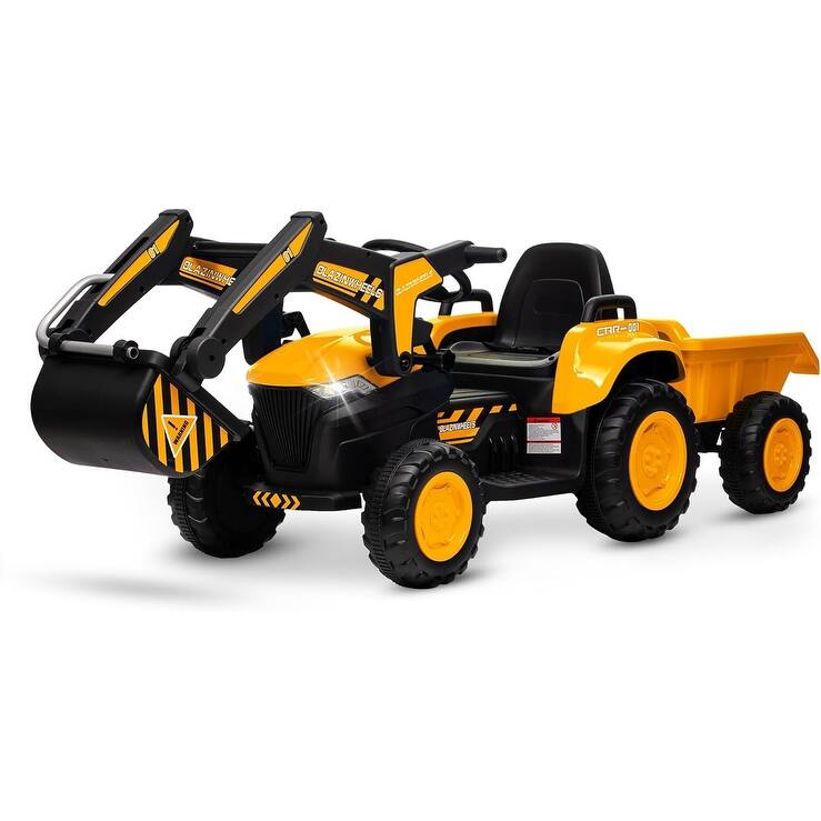 12V Kids 3 in 1 Ride on Excavator & Tractor with Detachable Trailer - Yellow