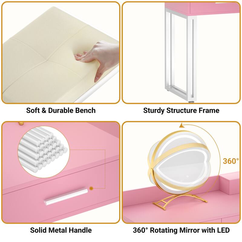 Makeup Vanity Desk with Stool and LED Mirror, Modern Makeup Table Vanity Desk with 6 Storage Drawers