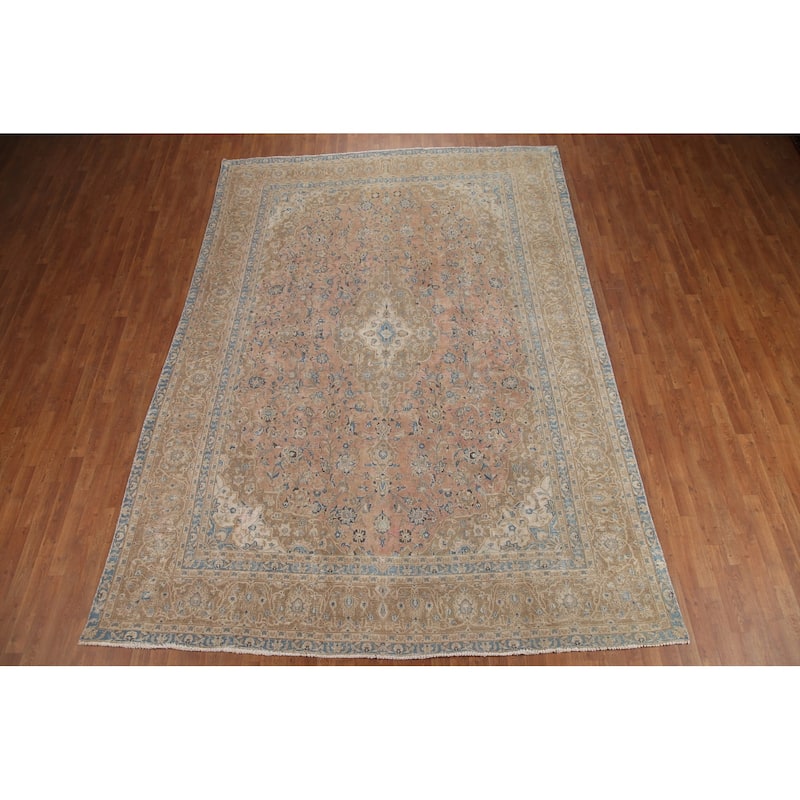 Hand Knotted Oriental 100% Wool Carpet Traditional Floral Pink Mashad Area Rug - 11' 11'' X 8' 9''