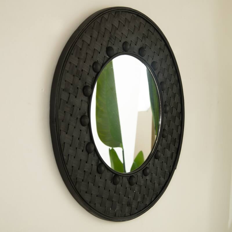 24" Solea Mirror, Hand-woven Black Bamboo Artistry Wall Hanging Circle Mirror, Suitable for Bathroom, Bedroom, Living Room