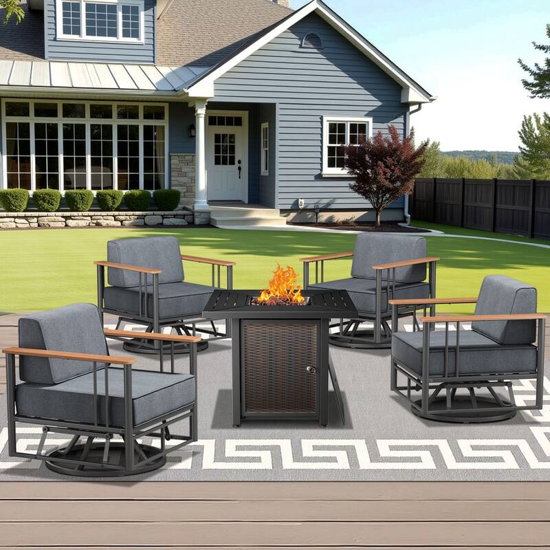 Outdoor Patio Funiture Set with Extra-Thick Seat cushion - Black & Dark Grey Cushion - 5PCS Swivel Chair with Fire Table