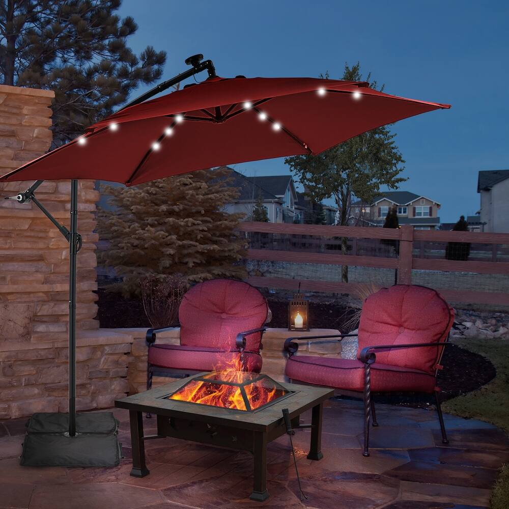 Ainfox 10 ft. Patio Offset Solar LED Umbrellas Cantilever Outside Umbrellas with Base