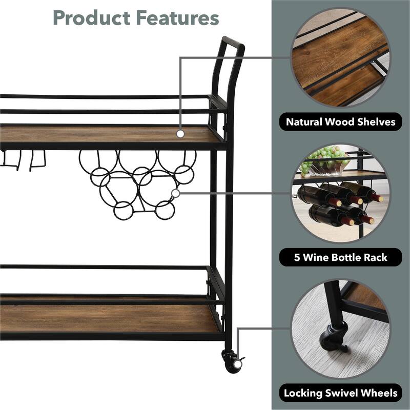 FirsTime & Co. Francesca Bar Cart, Metal Frame, Wood/Glass Top
