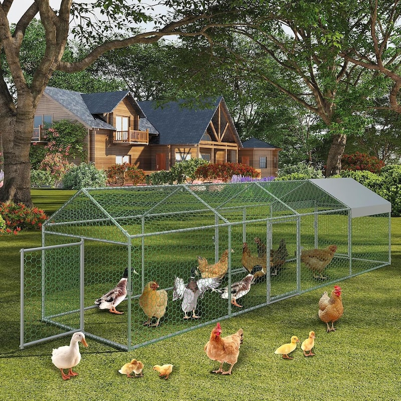 4 Doors Outdoor Large Metal Chicken Coop with Waterproof Anti-UV Cover for Rabbit Duck - Silver