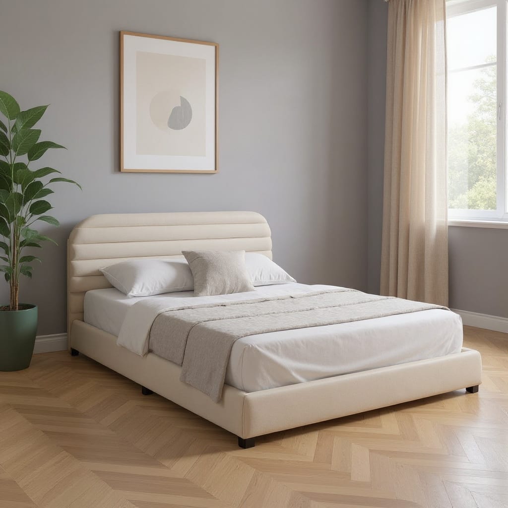 HomeRoots Beige Tufted Velvet Upholstered Queen Bed Frame