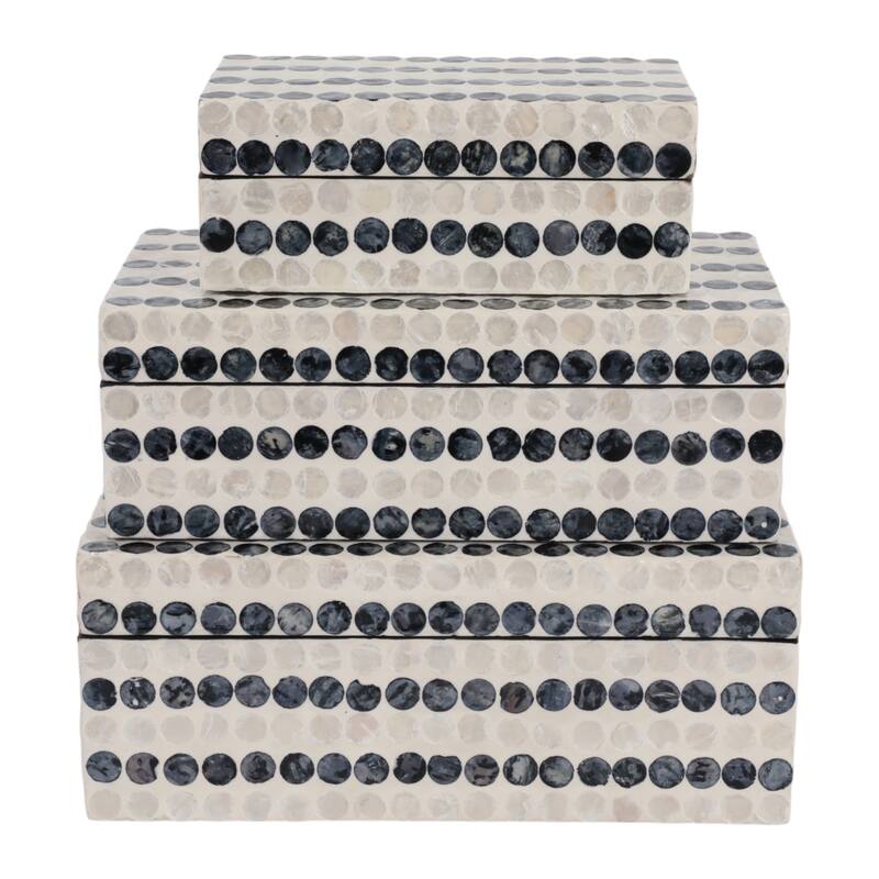 Dotted Decorative Box with Lid - Set of 3, 8", 11", 12", Ivory & Blue - 12.0"