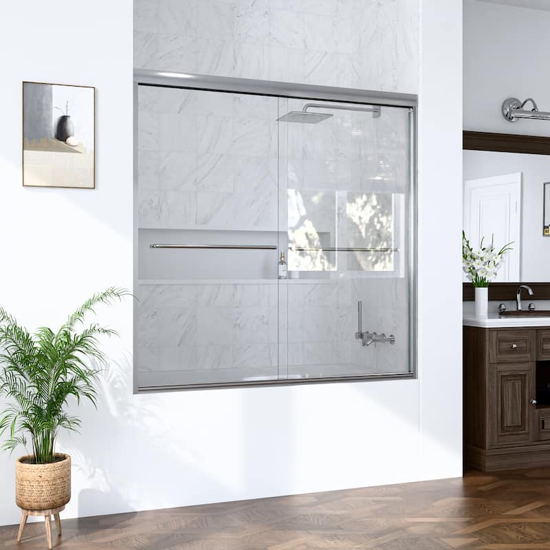 GDFStudio - Modern Minimalist Semi-Frameless Double Sliding Shower Door with 1/4" SGCC Tempered Glass & Stainless Steel Handle