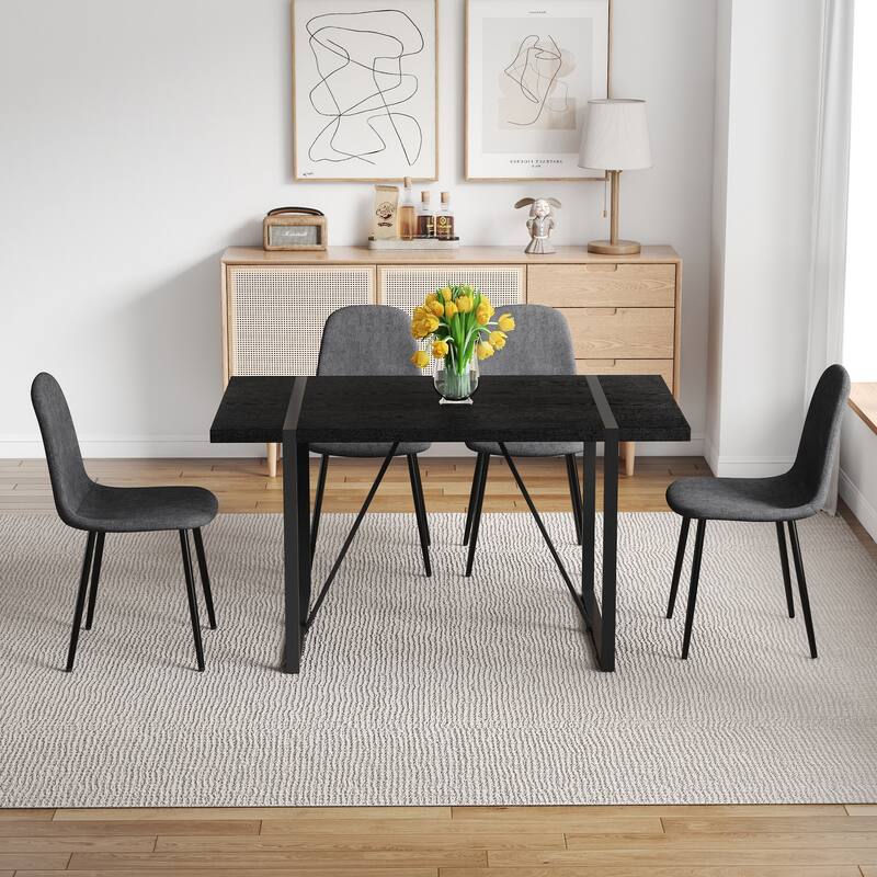 5-Piece Retro Rectangular Dining Table Set, 55-Inch Textured Top Table & 4 High-Resilience Fabric Chairs