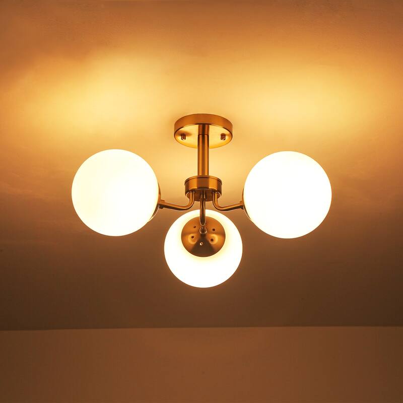 23.2" W 3-Light Bohemian Farmhouse Gold/White Sputnik Frosted Opal Bubble Glass Semi-Flush Mount Ceiling Light