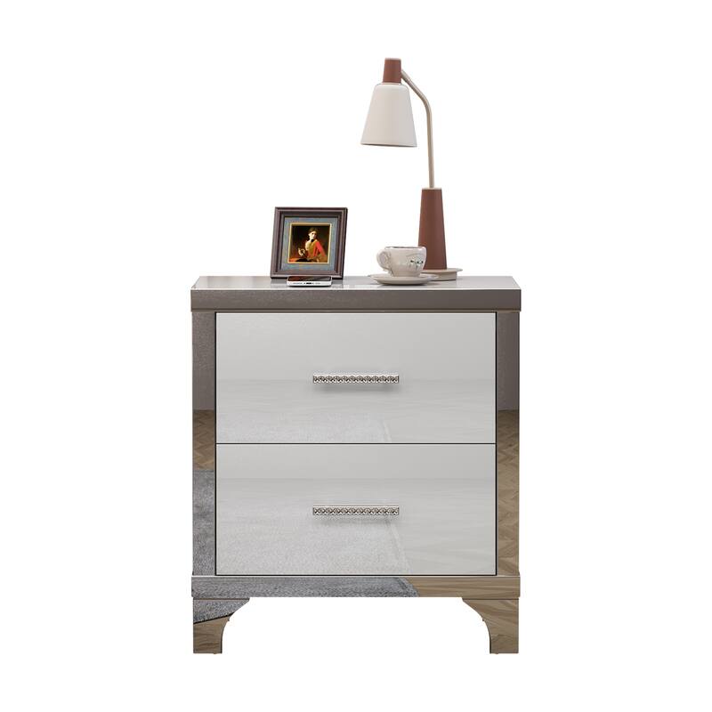 High Gloss Mirrored Nightstand with 2 Drawers,Modern End Table with Drawers,Mirrored High Gloss Wood Nightstand Metal Handle