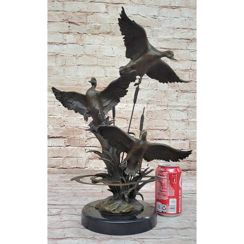Flying Ducks In The Reeds Bronze Sculpture Statue Wildlife Decor On Marble Base