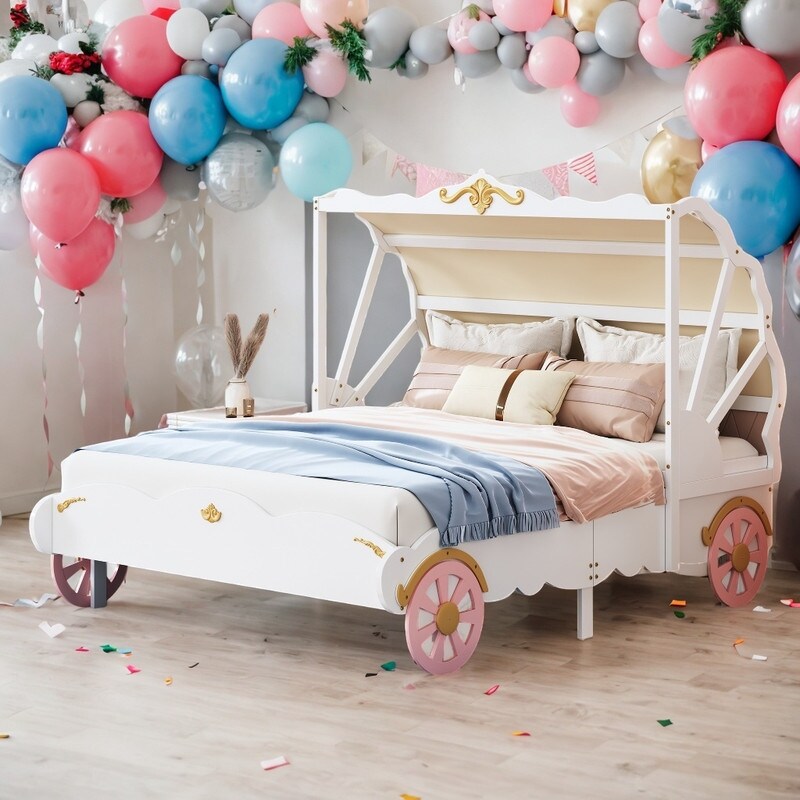 White+Pink Full Size Platform Bed Car Bed with Canopy,Kids