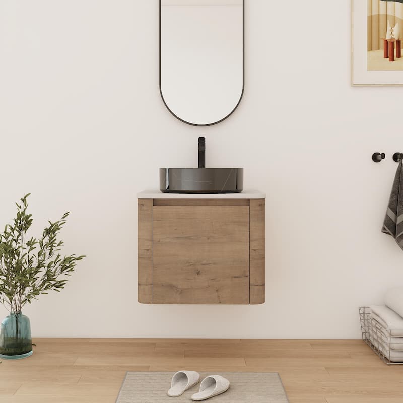 Bathroom Vanity With Sink In 24/30 Inch, Floating Bathroom Vanity With Soft Close Door - 23.6''W×18.6''D×24.4''H - Imitative Oak-Black with white patterns 