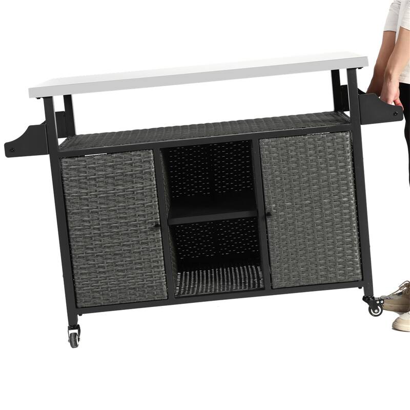 Outdoor Wicker Rolling Island w/ Stainless Steel Extended Top,Handle