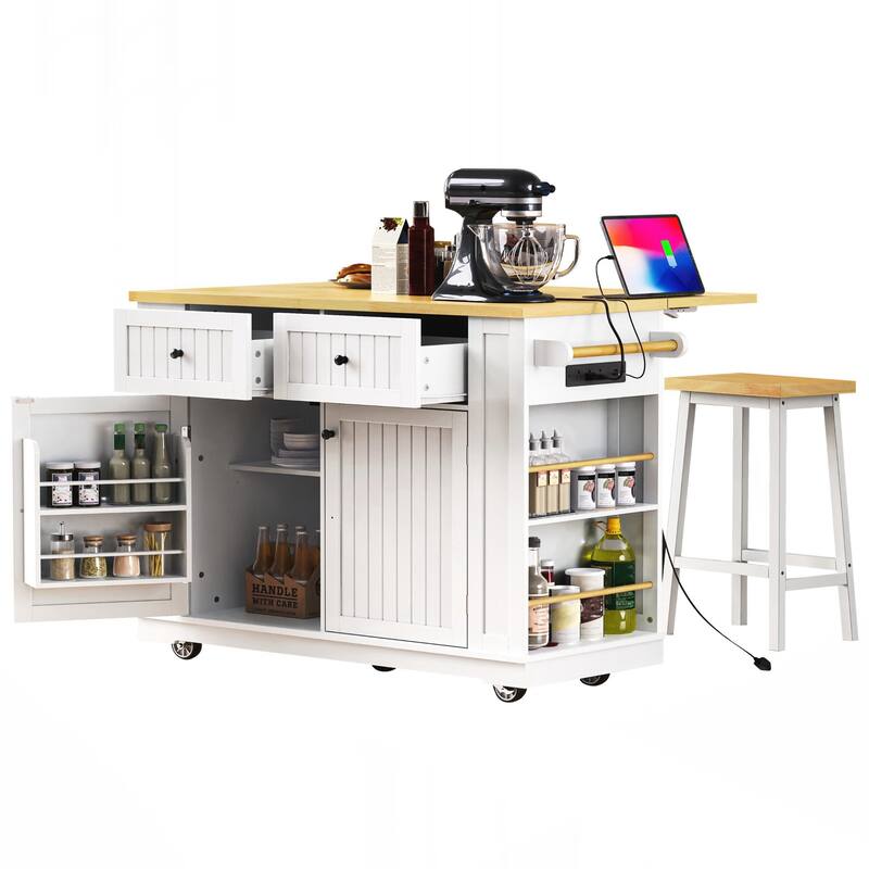 Kitchen Island with 2 Bar Stools, Power Outlet, Door Internal Storage Rack, Kitchen Storage Cart on 5 Wheels with Drop Leaf