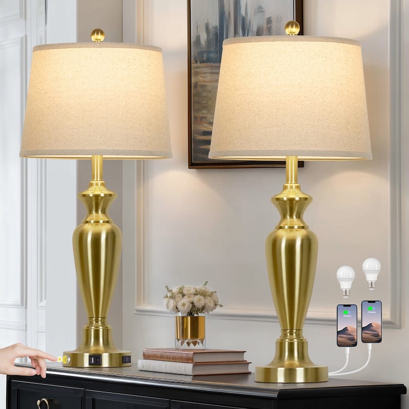 Set of 2 Modern 28-Inch Table Lamps with Built-in Night Light, USB Ports & AC Outlet - 13'' x 13'' x 30''