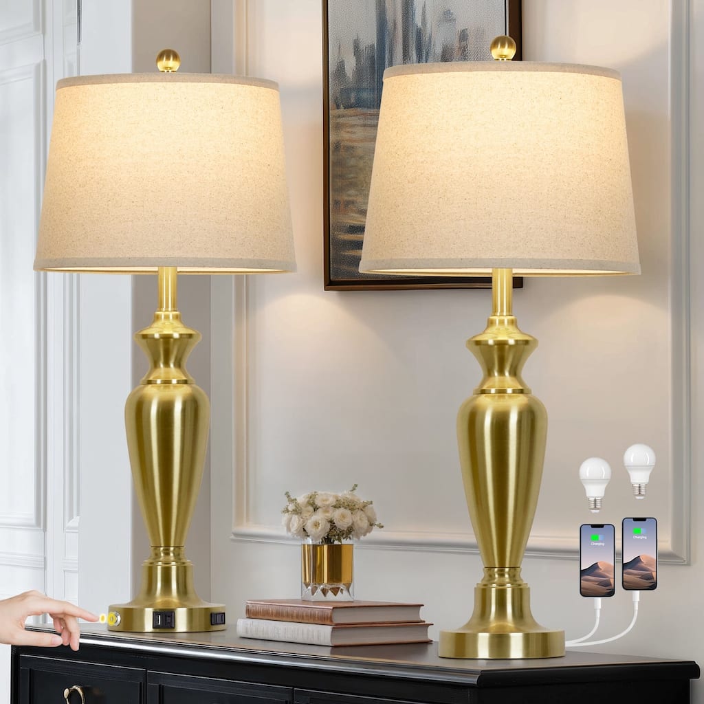 30'' Modern Gold Table Lamps with USB & Type-C Ports, Oatmeal Shade, Touch Control, and AC Outlet (Set of 2)