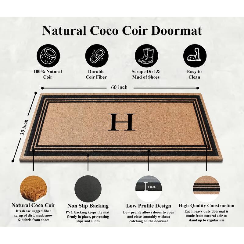 A1HC Natural Coir Monogrammed Flock Anti shed Treated Durable Doormat BlackBeige